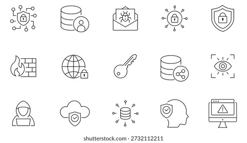 Collation of cyber security line icon. Containing encryption, safety, cyber crime, password, protection, sensor, locked and more. Protection symbols icon. Vector illustration.