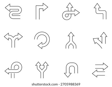 Conjunto de iconos de línea de flecha de dirección. Modernas flechas simples. Punto de Locación de cruce, marca de dirección de conducción, flecha de dirección de camino. Conjunto de Plantilla de flecha. Ilustración vectorial. 