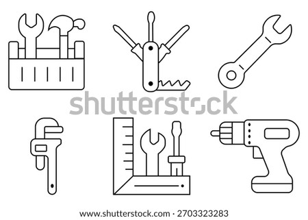Collation of diy tools hand wrench vector icons. Tool icon set. Working tools. Print tool box icon set carpenter toolkit vector. hardware tool box sign in black outline style. Vector illustration.