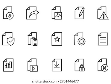 Collation of document related line icons. Containing agreement, passport, license, patent, testament, ID card, certificate ands more. Paper document icons set. Vector illustration. 