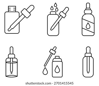 Collation of dropper bottle with pipette line icon. Cosmetic skincare liquid oil container symbol. Dropper icon thin flat simple. Vector illustration. 