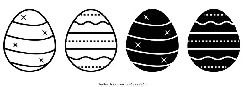 Collation of ester eggs icon set. Spring ester black and white. Contains as egg, decoration, chicken egg, celebration and more.  Easter eggs decorated with black and white color.  eps 10.