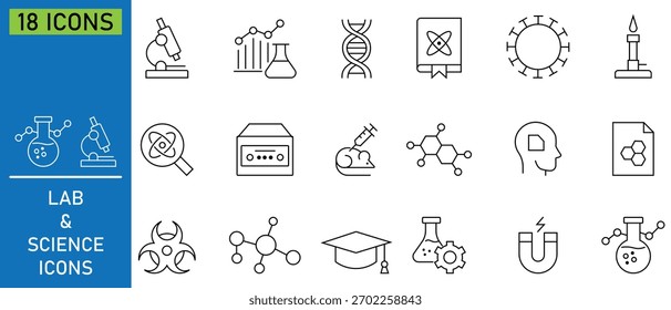 Conjunto de iconos de líneas de laboratorio y ciencia. Iconos modernos y de Profesional para laboratorio. Pruebas de laboratorio médico y análisis de iconos vectoriales para la salud y la investigación científica. Ilustración vectorial