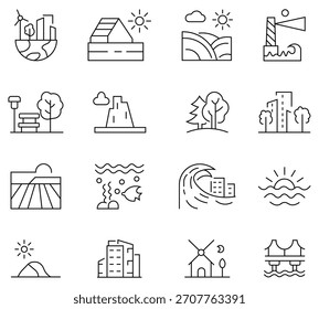 Colección de iconos web de paisaje en estilo de línea. Contiene la puesta del sol, montaña, viaje, isla, desierto, cascada, bosque, río y más. Iconos vectoriales lineales de economía. Ilustración vectorial.
