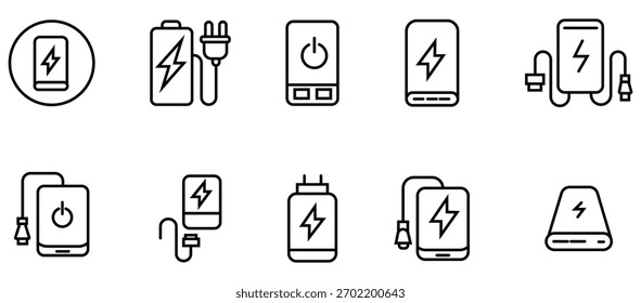 Colección de iconos de banco de energía en estilo de línea. Contiene como electricidad, cargador, banco de energía, cable, carga solar y más. Ilustración vectorial.