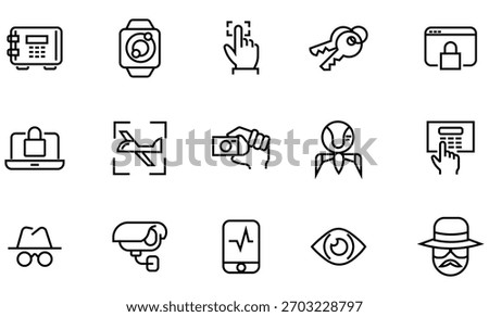 Collation of spy icon set in thin line style. Password security system spy electronic key lock icon set. Contains as spy figure, electronic key, fingerprint scan, password protection symbols. Vector