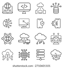 Collation of technology icon set. Contains as biometric, geolocation, Ai architecture, automation, cloud technology, internet computer and more. Automation web icon concept for robotic technology.
