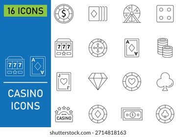 Collation of thin line casino icon. Containing duotone, color, protest, betting, casino, cards, income, deck, players, win and more. Conceptual pictogram and infographic. Perfect for gambling and betting games designs. Vector illustration. 