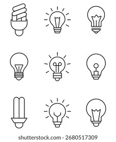 Collation of thin line light bulb icon set. Black icons lamps or bulb and rays. Idea lamp icon collection. Light bulbs icon set featuring different types. Flat style. Vector illustration.