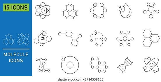 Colección de varios iconos de moléculas de línea negra. Iconos de estructura molecular que representan enlaces químicos y átomos. ADN, vitaminas, proteínas, compuestos de carbono y más. Estilo plano del Vector del logotipo de la molécula del átomo.