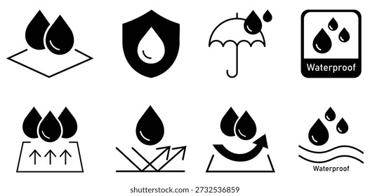 Colección de icono impermeable. Contiene elementos como protección a prueba de líquidos, advertencia de caídas, tela hidrófoba, resistente a la humedad, protección de superficies y más. Señales de resistencia al agua. Ilustración vectorial. 