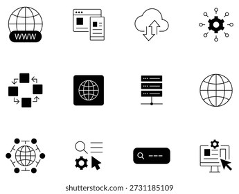 Collation of website line icons. Containing internet, content, cursor, pointer, SEO, hosting, touchpad, server, and more. Communication contact information icon. Vector illustration.