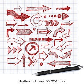 Collcetion of hand-drawn with red pen doodle sketch arrows in various styles and directions, sketched with a rough, artistic feel on lined  paper background.
