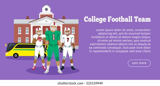 Colleage football team. High school american football. Football players with ball in hands in white and gree uniform. Sport team game. Cartoon icons of football players. Vector