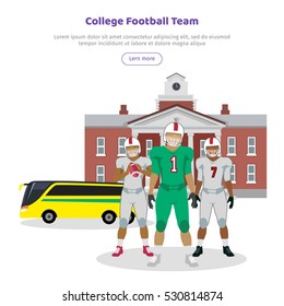 Colleage football team. High school on the background. American football. Football players with ball in hands in white and gree uniform. Sport team game. Cartoon icons of football players. Vector
