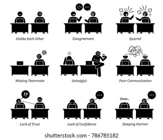 Colleague and business partners working together inefficiently in workplace office. The business team has disagreement, quarrel, and poor communication skill. They dislike and distrust each other.