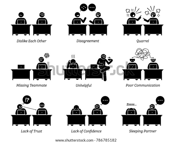 職場での仕事を効率的に行う同僚とビジネスパートナー ビジネスチームは 意見の相違 けんか コミュニケーション能力が低い 彼らは互いに嫌い合い 不信を抱く のベクター画像素材 ロイヤリティフリー