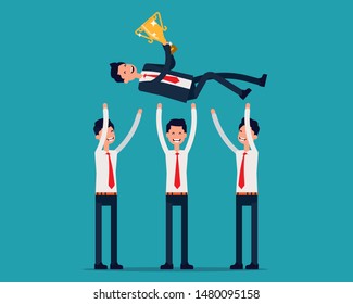 Colleague celebrating achievement. Vector illustration Successful, Throwing up in the air. Flat happy cartoon character design.