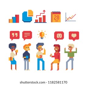 Colleague characters. Successful business team. Business analysis icons. Pixel art isolated vector illustration. Man and woman. International cooperation of companies. Happy group of young people.