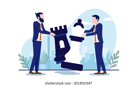 Colleague competition - Two businessmen in rivalry holding chess pieces. Business strategy and competition concept. Vector illustration with white background.