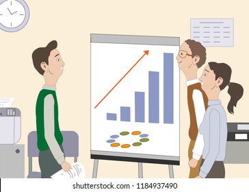Colleague discuss about good resutts of work, success and see to the diagram at flipchart in the office. Work space with desk, chair, printer for background. Vector illustration