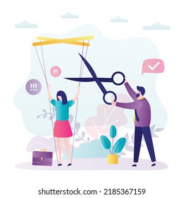 Colleague helps girl get rid of manipulative boss. Guy with scissors cutting strings of puppet. Man helps woman become free and independent from puppeteer. Freedom from slavery. Vector illustration