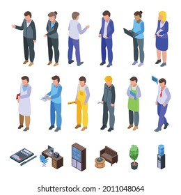 Colleague icons set isometric vector. Work space. Office desk people