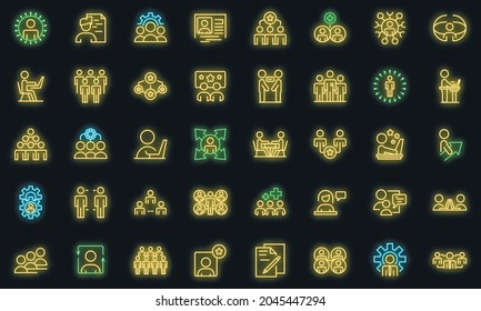 Colleague icons set. Outline set of colleague vector icons neon color on black
