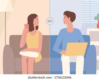 Colleague Men and women stay at different home but meet face with video calls from smartphone and computer notebook. Concept Illustration about the new normal and communication.