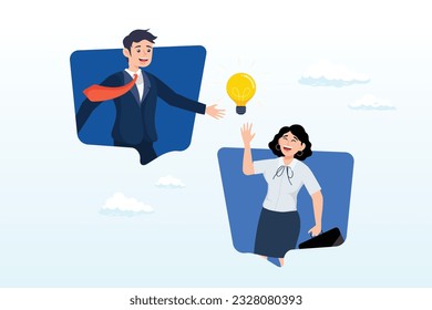 Colega de pie en la burbuja de la voz hablando de nuevas ideas, gente de negocios, comunicación de negocios, discusión de trabajo o conversación para reunir nuevo concepto de idea (Vector)