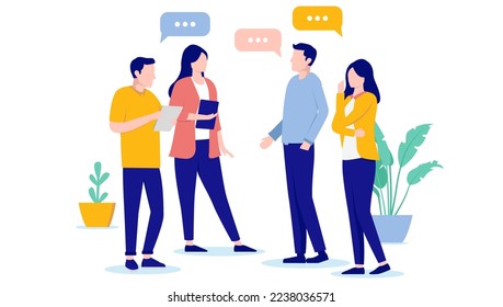 Colleague talk - Group of people talking and having a discussion at work with speech bubbles. Flat design vector illustration with white background