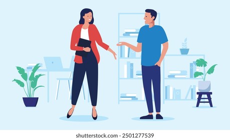 Colleague work friendship - Two smiling friends at work in office working, talking and having conversation together. Business friendly workplace environment concept in flat design vector illustration