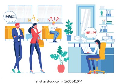 Colleagues Advices, Help Flat Vector Illustration. Office Manager Asking for Help and Consulting Fellow Workers Faceless Characters. Company Staff Relations, Teamwork, Mutual Assistance Concept