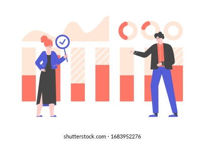 Colleagues of analysts in business clothes next to graphs and statistics. Business and finance valuation. Vector flat illustration.