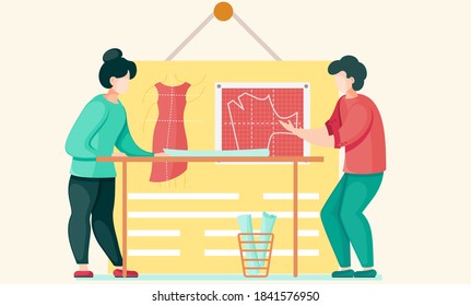 Colleagues in the atelier are discussing the model of the future dress depicted on the red board in the background. Girl and guy draw a pattern for future clothes. Professional tailoring studio