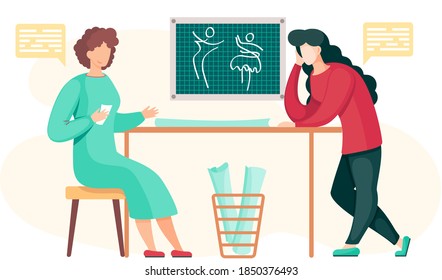 Colleagues in the atelier are discussing the model of the future pattern while the girl sits with a sheet of paper in her hands and reads. Professional tailoring studio. Sewing a garment in atelier