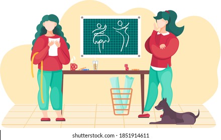 Colleagues in the atelier discussing the model of future garment. Professional tailoring studio. Sewing clothes. Women planning the pattern. Girl stands with sheet of paper. Dog is lying under table