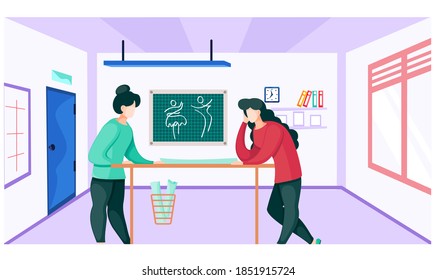 Los colegas del taller están discutiendo el modelo de la futura ropa que aparece en la pizarra en el fondo. Las chicas dibujan un patrón para la ropa futura. Estudio de taller profesional