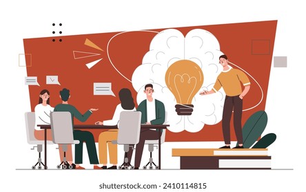 Colleagues brainstorming concept. Men and women work at common project, start up. Young guys and girls near light bulb. Collaboration and cooperation. Cartoon flat vector illustration