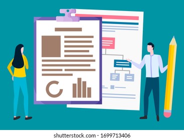 Colleagues brainstorming vector, business plan writing composing strategy. Communication between coworkers, scheme with information data flat style