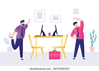 Colleagues at break time. Office employees exercise at work, stretch near the desk. Business men practicing workout at workplace doing squats, leans and lunges enjoying break. flat vector illustration