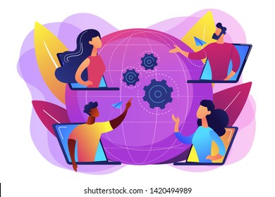 Colleagues business meeting, company internet webcast. Online meetup, join meetup group, meetup website service, best communication here concept. Bright vibrant violet vector isolated illustration