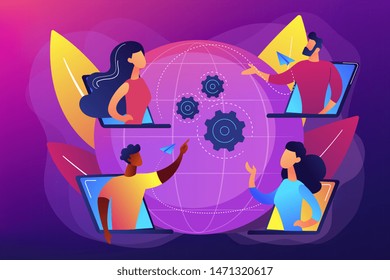 Colleagues business meeting, company internet webcast. Online meetup, join meetup group, meetup website service, best communication here concept. Bright vibrant violet vector isolated illustration