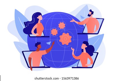 Colleagues business meeting, company internet webcast. Online meetup, join meetup group, meetup website service, best communication here concept. Pinkish coral bluevector isolated illustration