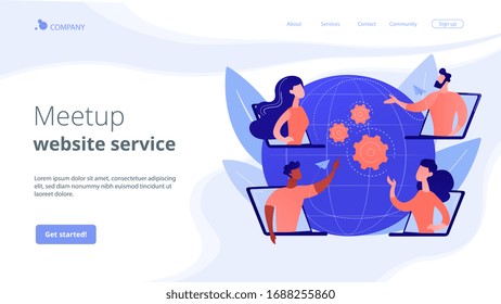 Colleagues business meeting, company internet webcast. Online meetup, join meetup group, meetup website service, best communication here concept. Website homepage landing web page template.