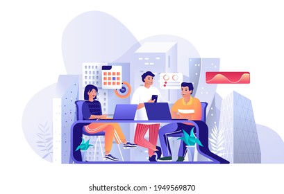 Colleagues at business meeting scene. Team seminar, teamwork at office, conference and brainstorming, collaboration, communication concept. Vector illustration of people characters in flat design