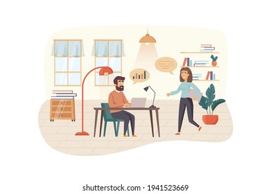 Colleagues at business training scene. Employees analyze company statistics, discuss strategy, team building. Education, career growth concept. Vector illustration of people characters in flat design