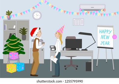 Colleagues celebrate Happy New Year in the office room with pine tree at work. People chatting, smiling and having fun. Cartoon Vector Illustration.