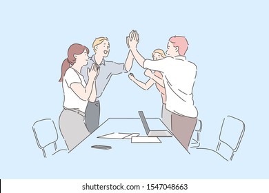 Colleagues celebrate success concept. Cheerful business people oclapping hands, applauding on professional achievement, happy coworkers victorious gestures or teamwork.Simple flat vector