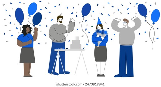  Colleagues celebrate their coworker's birthday Friendly man raises a glass and toasts to his coworker's health Flat vector minimalistic illustration Different men and women People having fun 